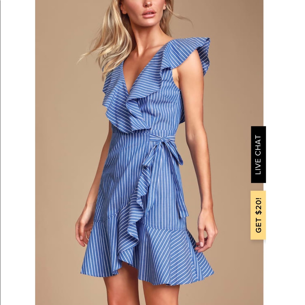 Valencia blue striped ruffle wrap dress